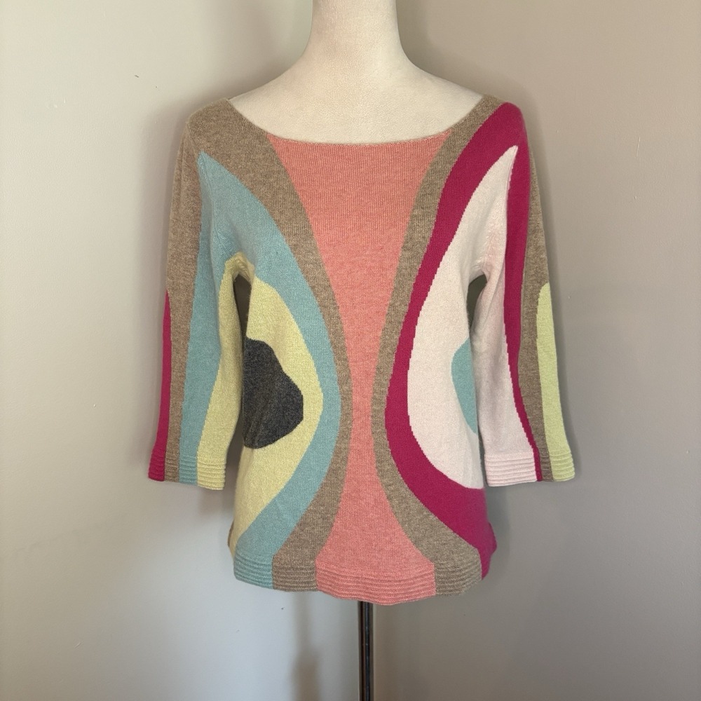 VTG Gene Meyer 100% Cashmere Sweater Large Abstract Swirl Geometric Boat Neck